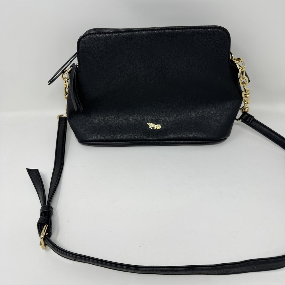 Mathew + Julian Crossbody Bag Womens Medium Black Faux Leather Gold Chain Strap